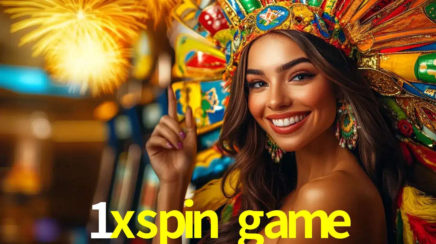 Mulher sorridente com um cocar de carnaval vibrante e colorido, celebrando uma grande vitória nos jogos do cassino 1xspin game com fogos de artifício ao fundo.