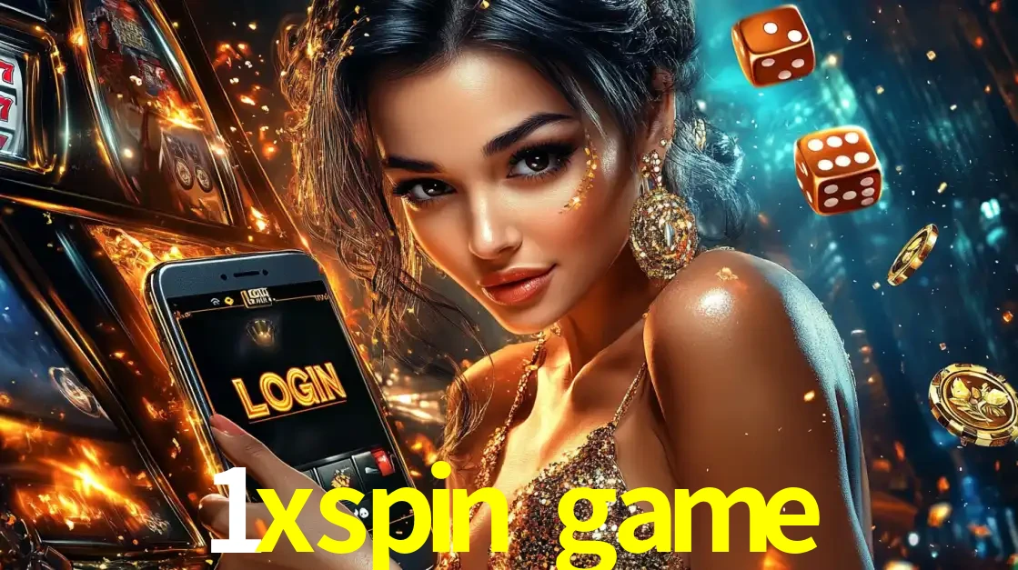Mulher glamourosa segurando um celular com a tela de login do cassino 1xspin game, rodeada por dados e moedas douradas, pronta para começar a diversão.