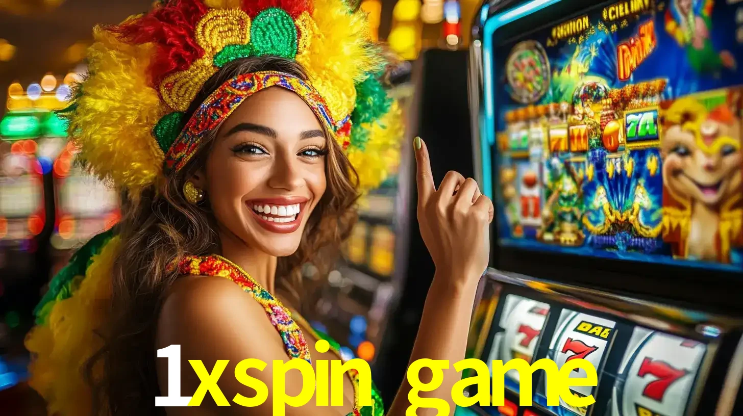 Mulher animada com um cocar de carnaval apontando para uma máquina de caça-níqueis, mostrando a emoção de ganhar um grande prêmio nos jogos do 1xspin game.