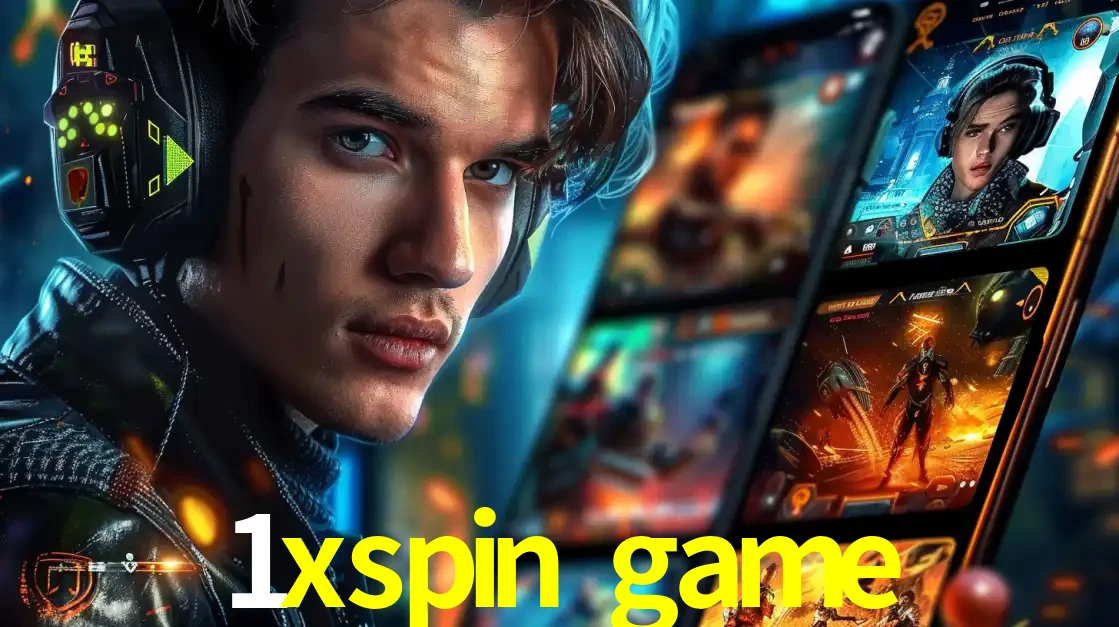 Jovem jogador com fones de ouvido olhando para a câmera, com um aplicativo de jogos e e-sports para celular ao fundo, pronto para a competição e apostas no 1xspin game.