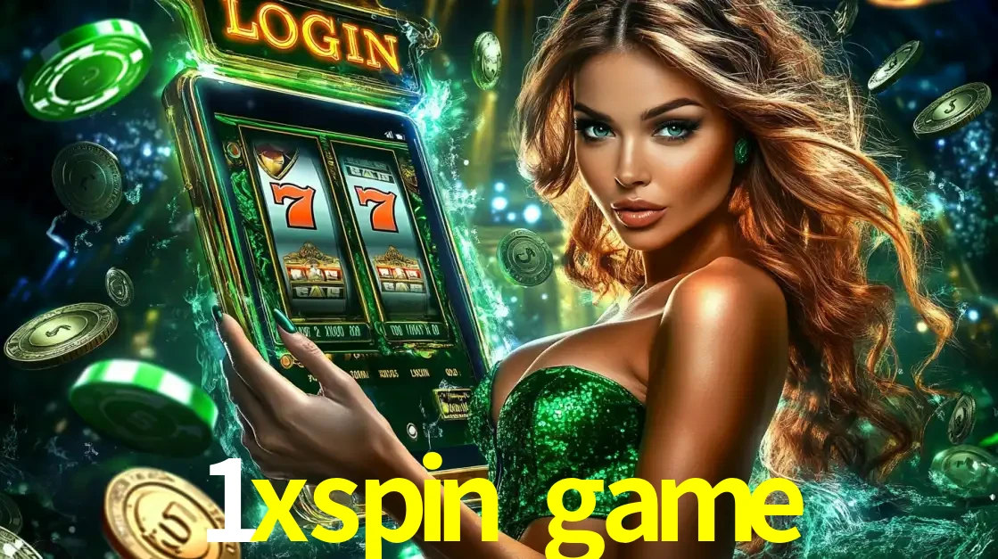 Mulher com tema verde apresentando o aplicativo do cassino 1xspin game com um jogo de slot de 777, cercada por fichas de cassino e uma aura de sorte.