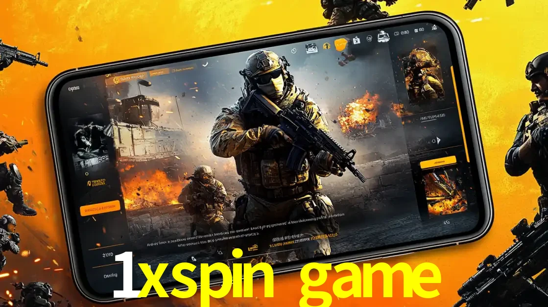 Um smartphone exibindo a interface de um jogo de tiro em primeira pessoa, com um soldado em um cenário de batalha, representando a ação dos e-sports para apostar no 1xspin game.