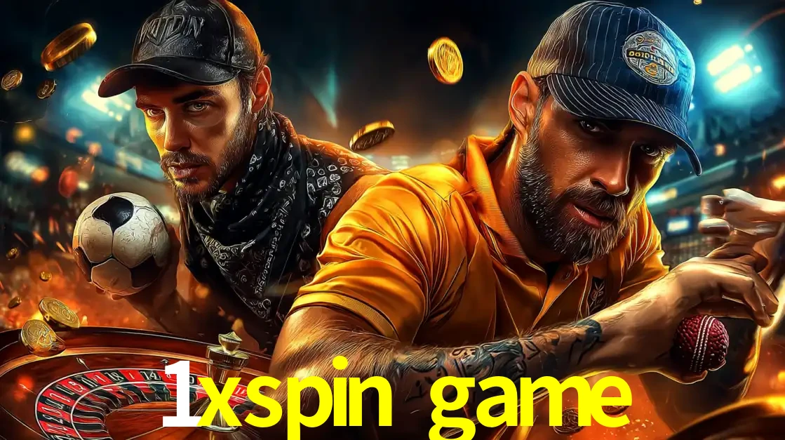 Montagem de apostas esportivas e cassino no 1xspin game, com um homem segurando uma bola de futebol e outro uma de beisebol sobre uma roleta e moedas voadoras.