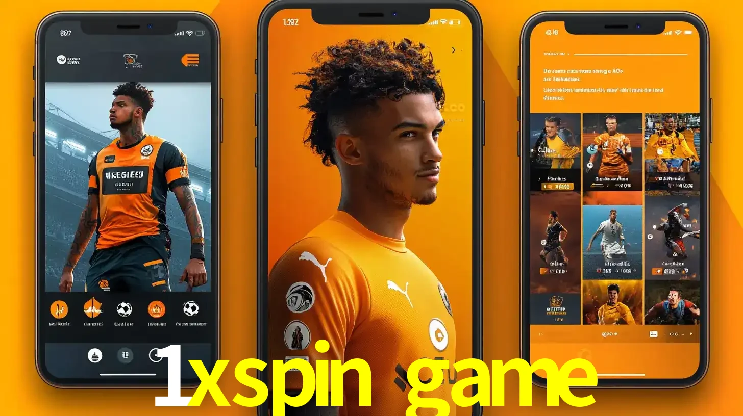 Interface do aplicativo de apostas esportivas 1xspin game em três telas de celular, mostrando o perfil de um jogador de futebol e a lista de jogos disponíveis para apostar.