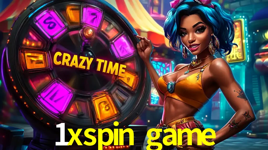 Mulher estilizada com cabelo azul e visual vibrante posando ao lado da roda de prêmios do game show Crazy Time, convidando para a diversão e os bônus do cassino 1xspin game.