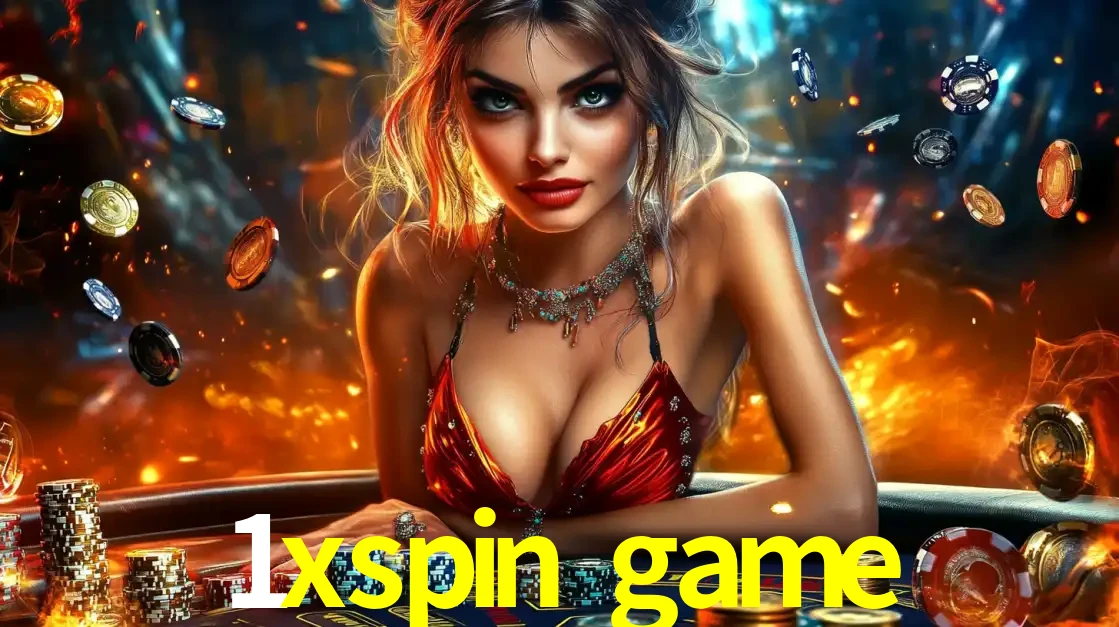 Mulher em uma mesa de cassino com pilhas de fichas e um fundo de fogo, pronta para uma rodada de altas apostas nos jogos de mesa emocionantes do cassino 1xspin game.