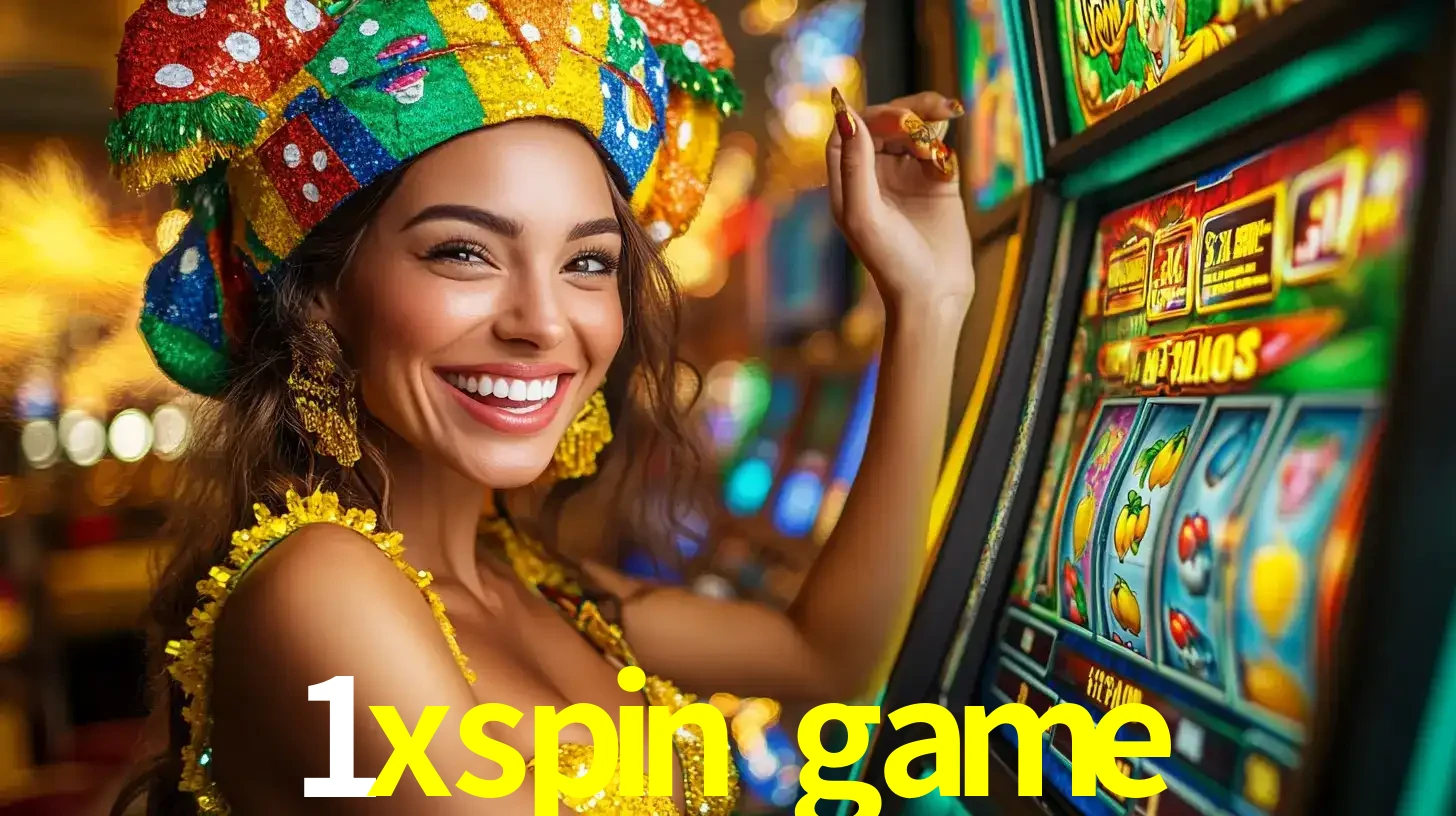 Mulher feliz com traje de carnaval amarelo e colorido ao lado de uma máquina de caça-níqueis, aproveitando a diversão e os jogos temáticos do cassino 1xspin game.