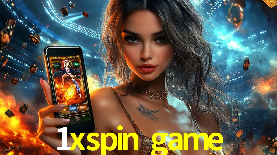 Mulher segurando um celular com um jogo de slot em destaque, tendo como fundo um estádio vibrante, simbolizando a emoção de jogar no cassino móvel 1xspin game.