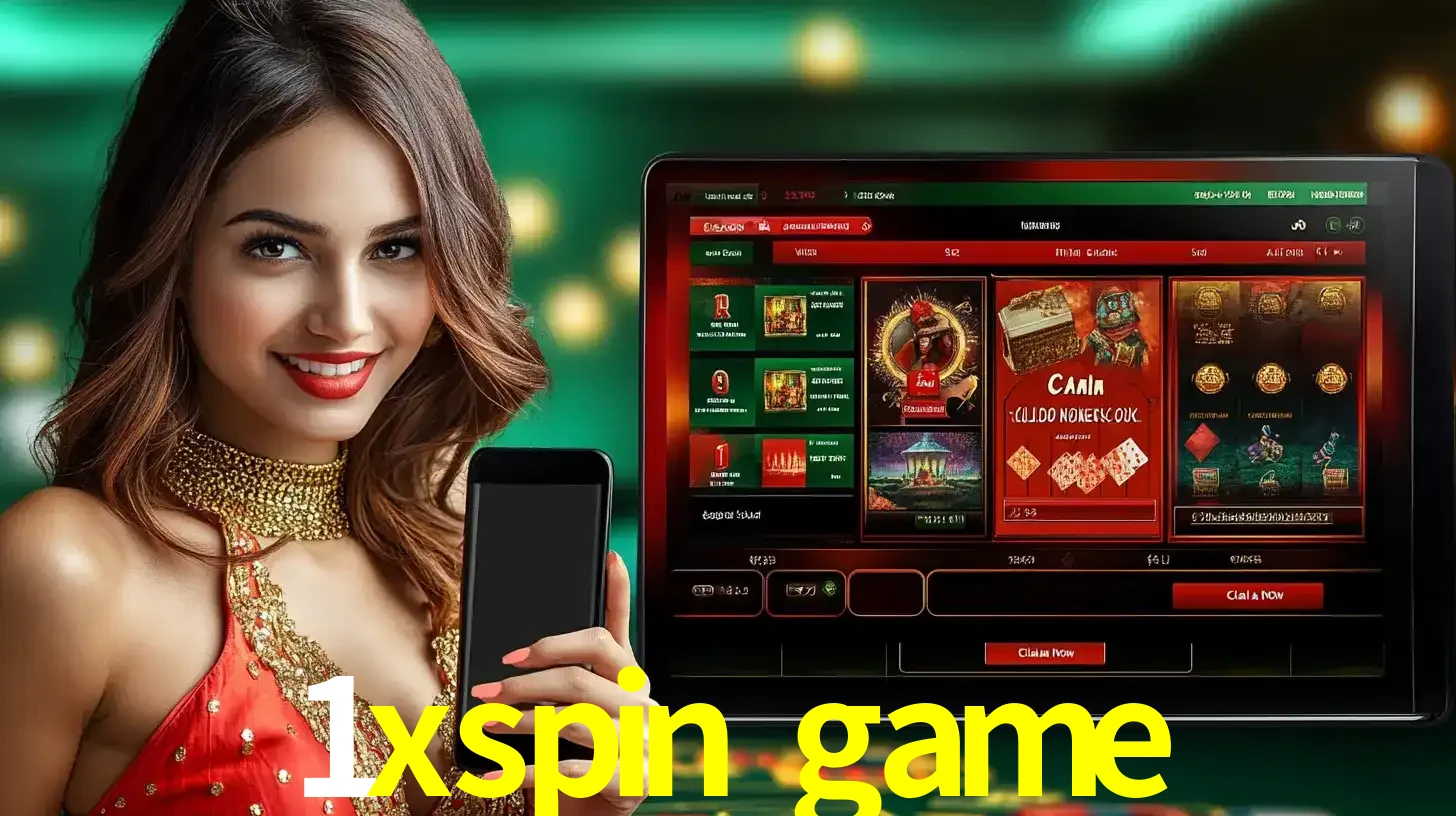 Mulher sorridente segurando um smartphone, ao lado de uma tela exibindo o lobby de jogos do cassino online 1xspin game, com várias opções de jogos de cartas e slots.